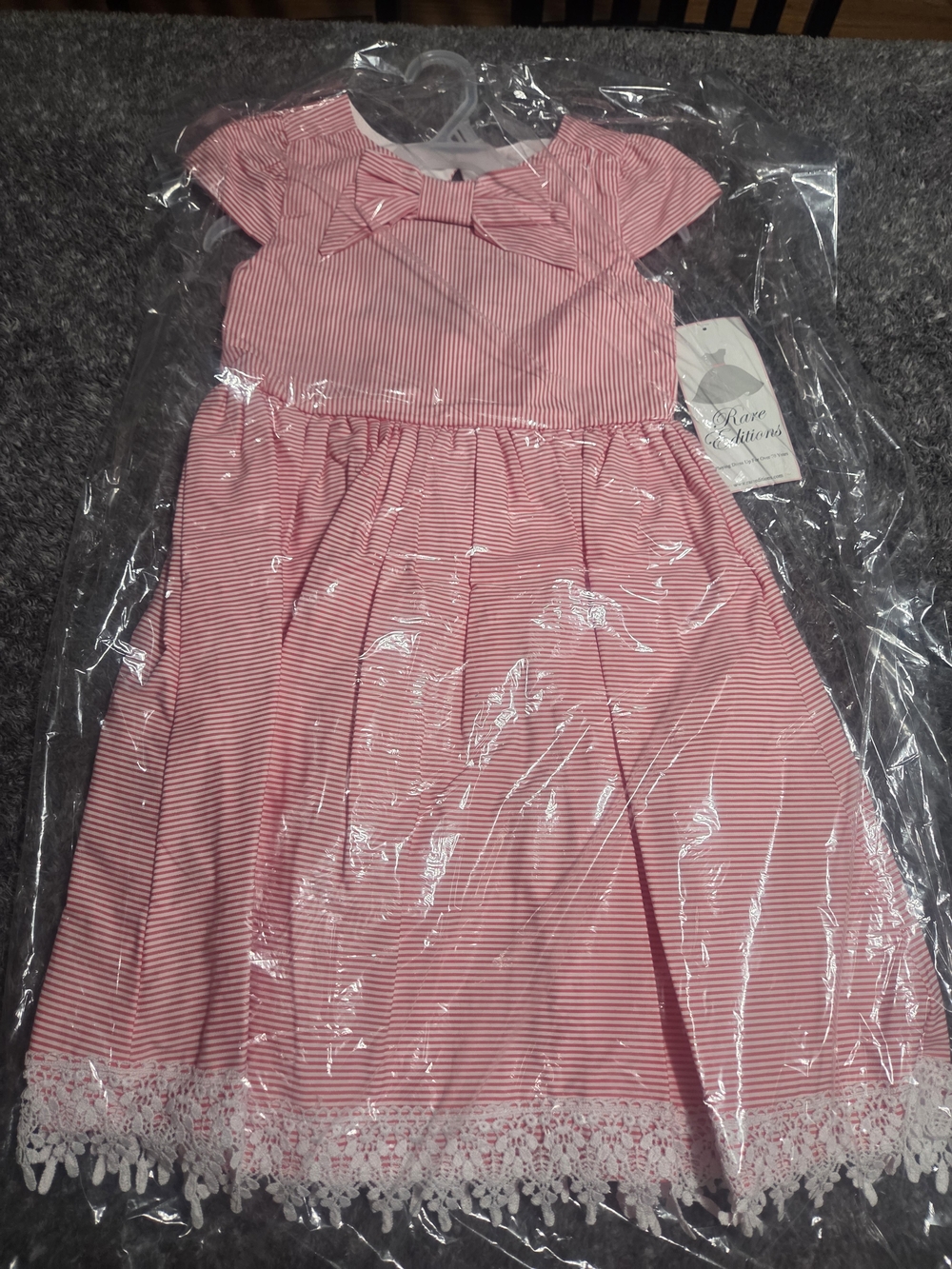 Rare Editions Red Striped Bow-Front Lace Hem Dress